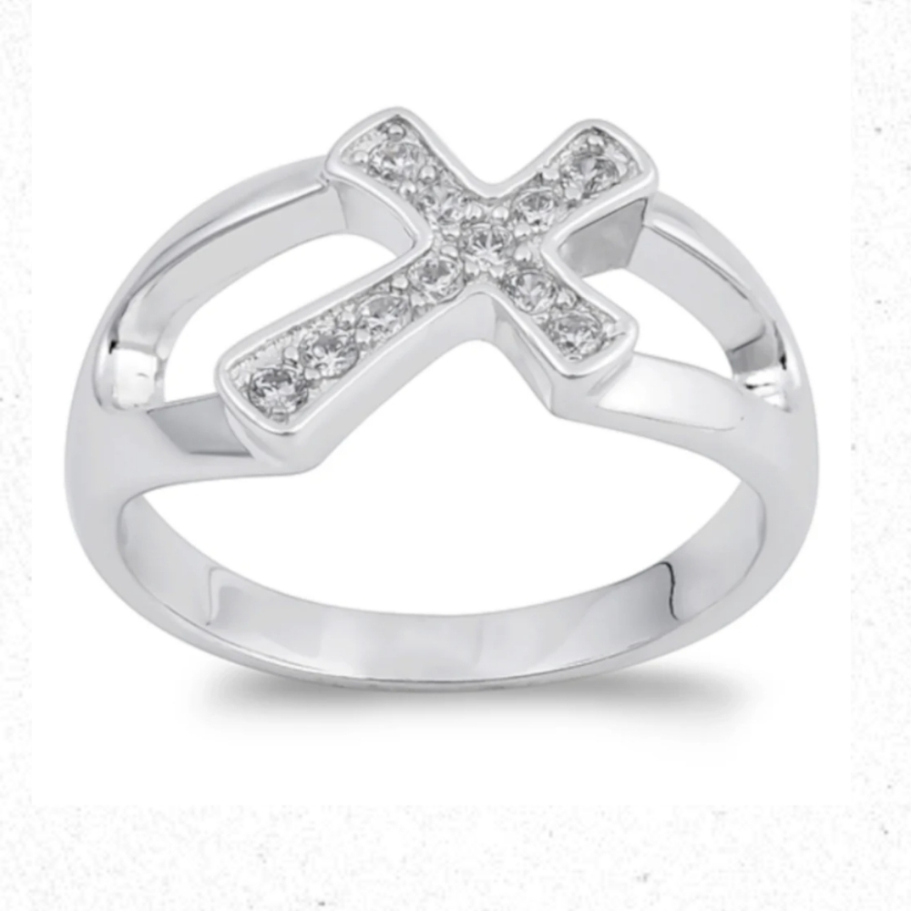 Sterling Silver Sideways Cross Ring with Topaz Stones size 5